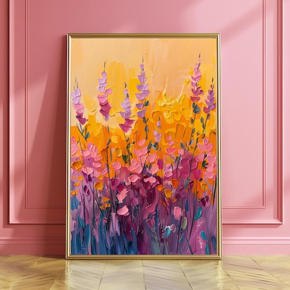 Printed Purple Yellow Wild Flowers Eclectic Funky Maximalist Art