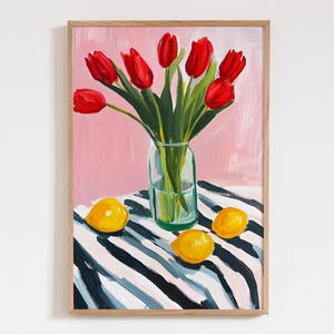 Impresión artística de tulipanes rojos en jarrón, póster de naturaleza muerta floral, decoración de pared de primavera y verano, pintura de flores impresionista, arte de pared con patrón de rayas