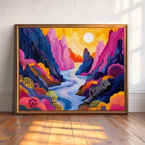 May include: A digital painting of a colorful landscape with a river winding through a canyon. The canyon walls are a mix of pink, purple, blue, and yellow. The river is a light blue color and the sky is a bright yellow. The sun is a bright white circle in the sky.