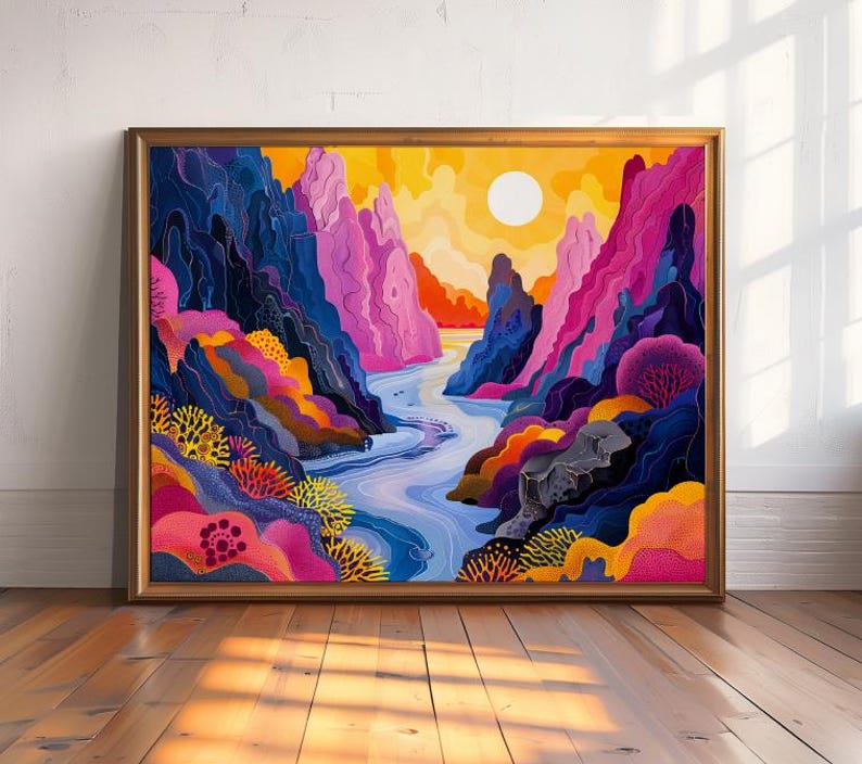 May include: A digital painting of a colorful landscape with a river winding through a canyon. The canyon walls are a mix of pink, purple, blue, and yellow. The river is a light blue color and the sky is a bright yellow. The sun is a bright white circle in the sky.