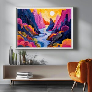 May include: A colorful abstract painting of a river flowing through a canyon with pink, blue, and yellow mountains. The sun is shining brightly in the sky.