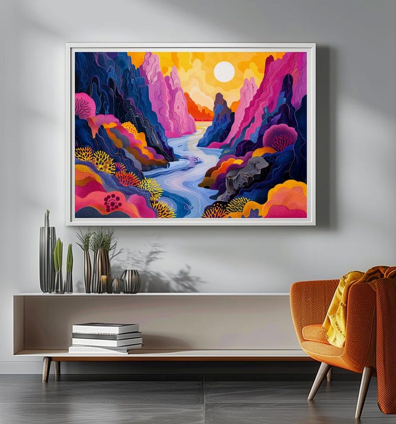 May include: A colorful abstract painting of a river flowing through a canyon with pink, blue, and yellow mountains. The sun is shining brightly in the sky.