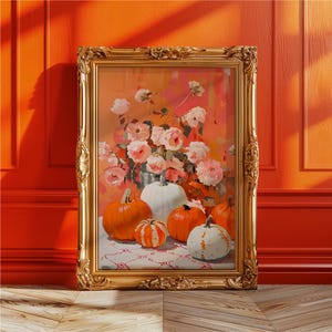 Impressão de pôster de arte de parede de outono com dopamina colorida, impressão de arte de natureza morta de colheita de abóboras laranja e flores rosas, decoração de parede de Ação de Graças de outono