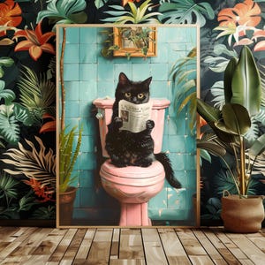 トイレで読書する黒猫のプリント、ユーモアのあるバスルームの装飾、面白いトイレのアートプリント、ファンキーな猫のポスター
