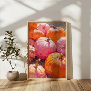 Pink Orange Kürbisse Acryl Kunst Druck Poster, Herbst Stillleben Malerei, Trendy Dopamin Wand dekor, Thanksgiving Ernte Herbst Kunst