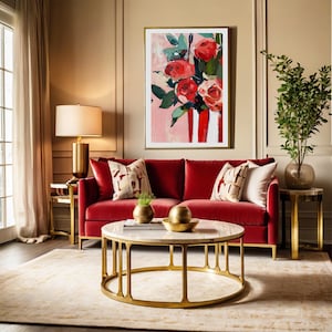 Peinture à l&#39;huile abstraite rose, art floral sur toile, décoration murale vase rouge blanc, fond rose texturé, cadeau fleur moderne audacieux