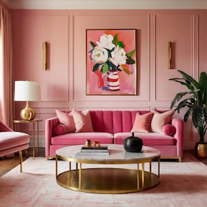 Dipinto a olio di rose bianche, decorazione murale con vaso a righe, stampa floreale audace, arredamento vintage rosa moderno, opera d'arte floreale ispirata a Matisse