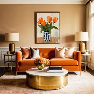Orange Tulpen Ölgemälde Druck, Blumenwandkunst mit Vase Blau Diamant Vase, warmes Geschenk für moderne Kunst, Pinselstrich botanisches Dekor