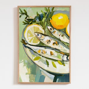 Sardine Limoni Natura Morta Arte, Poster Cucina Verde Blu, Dipinto Cibo Mediterraneo, Decorazione Parete Ristorante, Arte Acrilica Sala Da Pranzo