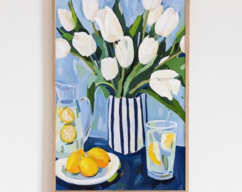 Impresión de bodegón con tulipanes blancos, arte abstracto de cocina con limones, pintura al óleo estilo mesa azul, decoración de pared con jarrón floral, regalo para ella