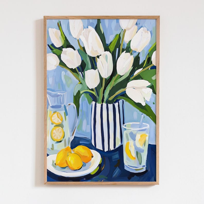 Impresión de bodegón con tulipanes blancos, arte abstracto de cocina con limones, pintura al óleo estilo mesa azul, decoración de pared con jarrón floral, regalo para ella imagen 1