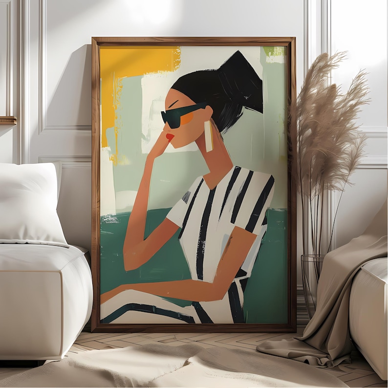 May include: A colorful abstract painting of a woman wearing sunglasses and a striped shirt. The background is a mix of yellow, green, and blue.
