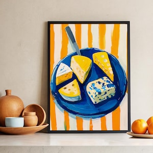 Impressão de arte acrílica de prato de queijo, pôster de queijo maximalista, arte de parede de cozinha eclética, natureza morta de comida, decoração de restaurante, pintura de queijo