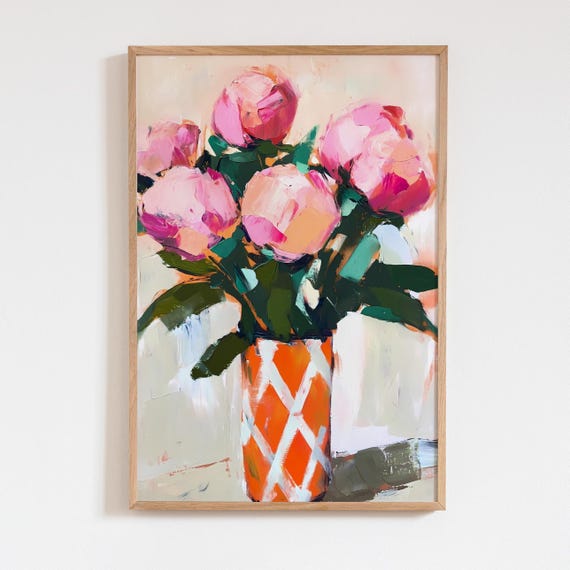 Pink Peonies in Orange Vase Wall Art, Acrylic Floral Painting, Modern Impressionist Print, Pastel Maximalist Art, Matisse-Inspired Decor