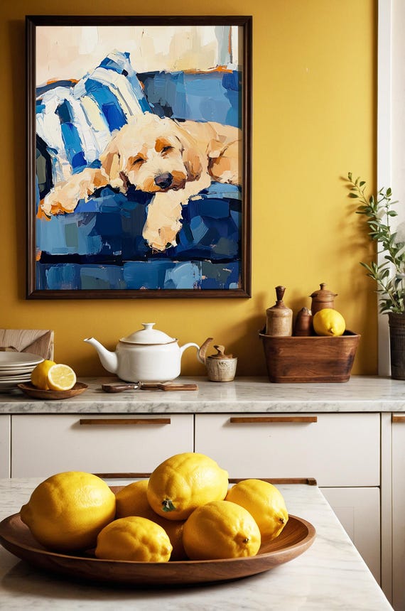 ゴールデンドゥードルの犬の油絵、モダンな抽象画のペットの肖像画の壁