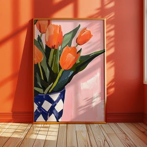 Lámina artística de tulipanes naranjas en jarrón a cuadros, pintura floral en gouache, arte mural rosa estilo cottagecore, póster texturizado minimalista primaveral