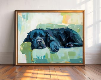 Slapende zwarte Newfoundland-hond kunstprint, abstract olieverfschilderij, gezellige bankscène, pastelblauwgroene muurkunst