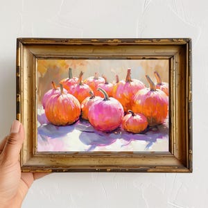 Impressão de arte de abóboras coloridas de outono para decoração de outono, pôster de parede laranja rosa vibrante