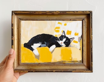 Black and White Cat Oil Painting Print, Sleeping Cat Wall Art, Yellow Sofa Illustration, Kids Room Animal Decor, Gift for Cat Lovers