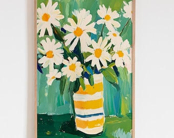Lámina floral de margaritas blancas, pintura acrílica estilo cottagecore, obra de arte floral llamativa, decoración de pared con fondo verde, estampado de jarrón a rayas