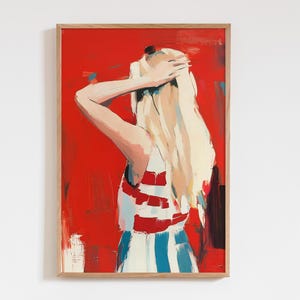 Red and White Abstract Blond Woman Art Print, Acrylic People Illustration Wall Decor, Large Contemporary Red Striped Poster