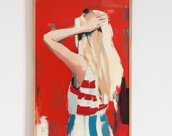 赤い抽象的な女性の絵画、モダンな赤い壁アート、ミニマリストの女性の