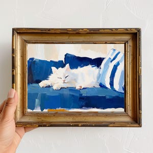 White Cat on Blue Couch Oil Painting, Modern Impressionist Pet Art, Minimalist Cat Wall Decor, Feline Portrait Gift Idea
