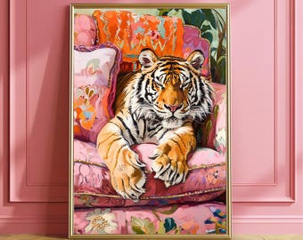 Tiger on Couch Art Print Poster - Bold Modern Painting - Animal Theme Wall Art Decor