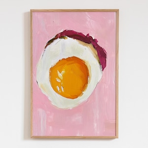 Roze muurkunst gebakken ei, acryl eten poster, keukenbar decor, restaurant art print, ontbijt stilleven, diner kunst aan de muur, café decor