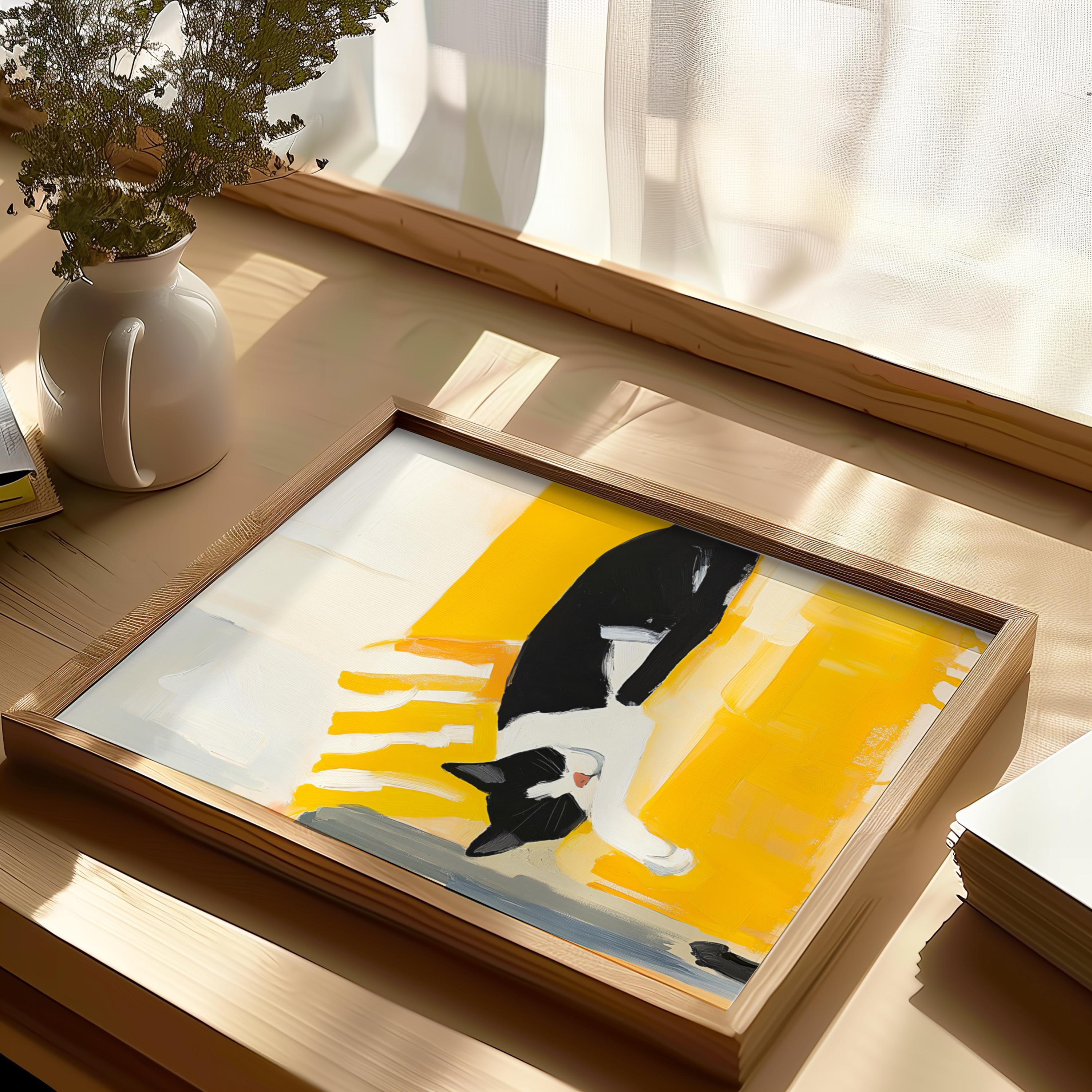 けい様　お取り置き中　自作絵画　黄色いソファ　猫とネズミの絵　買い物帰り 黄色いソファで眠る抽象的な白黒猫の絵画、ミニマリストな猫のアート