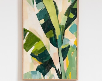 Banana Leaf Oil Painting Print, Abstract Green Botanical Wall Art, Tropical Plant Poster, Bright Minimalist Decor, Nature Gift Idea