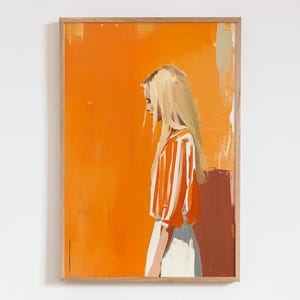 Blonde Woman Abstract Art Poster, Orange Modern Acrylic Wall Print, Minimalist Vibrant Art Decor