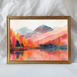 Pastell Rosa und Orange Bergsee Kunstdruck - Herbst Landschaft Wand Kunst Poster, Dopamin Dekor