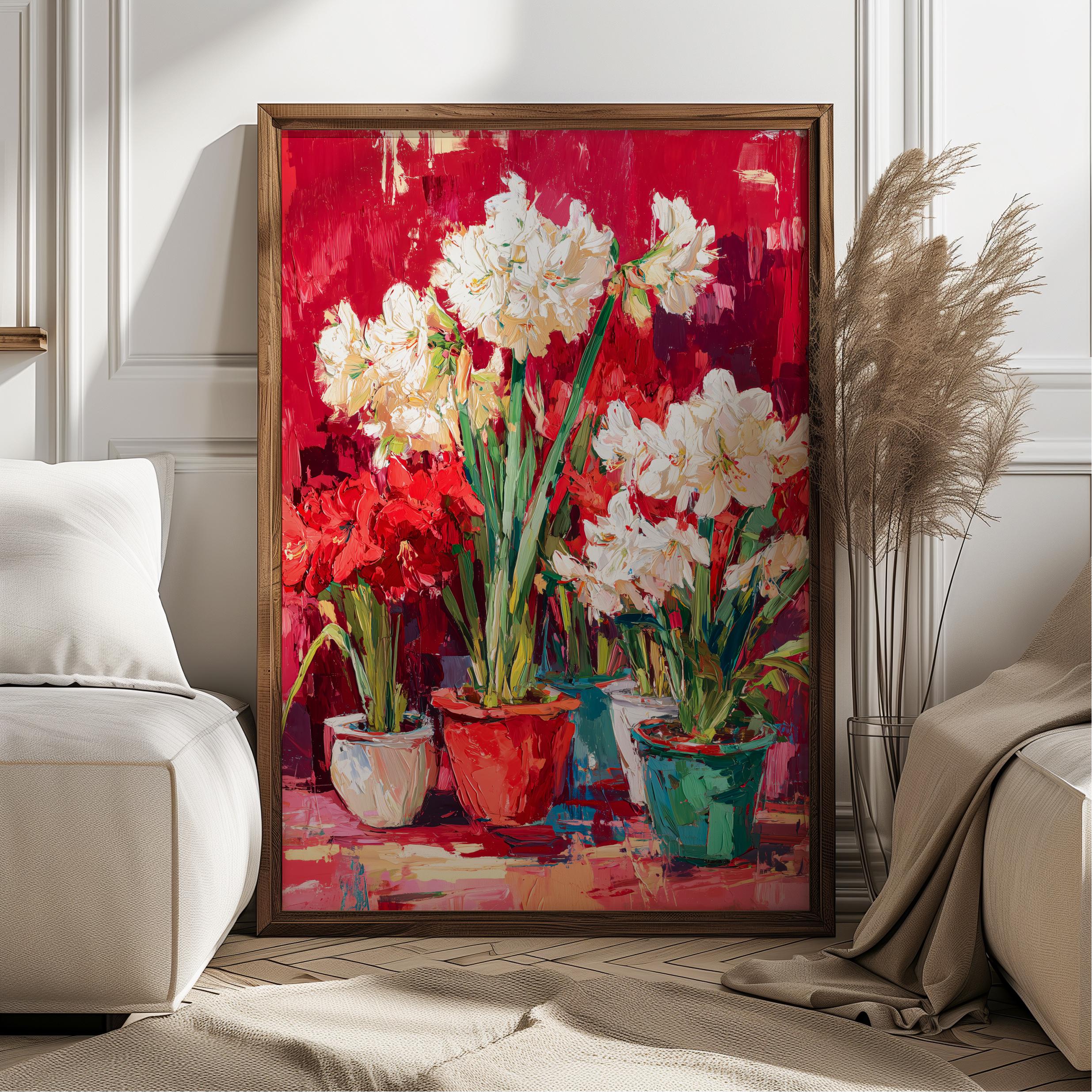 白いアマリリスの花の絵画 赤い背景 | モダンアート マティススタイル