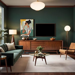 May include: A living room with a green wall, a dark wood cabinet, a green sofa, a coffee table, a rug, and a floor lamp. There is a painting of a woman wearing sunglasses and a striped shirt on the wall.