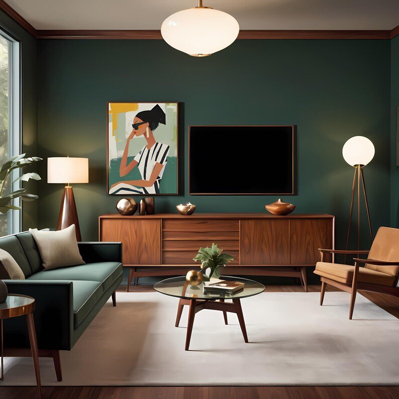 May include: A living room with a green wall, a dark wood cabinet, a green sofa, a coffee table, a rug, and a floor lamp. There is a painting of a woman wearing sunglasses and a striped shirt on the wall.