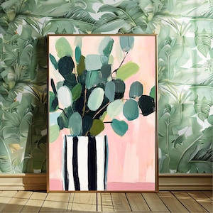 Eucalyptus Wall Art Print, Modern Botanical Painting, Bold Minimalist Decor, Pink Green Art Gift, Expressive Brushstroke Poster