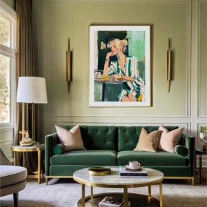Emerald Green Woman Art Print, Abstract Cafe Poster, Colorful Acrylic ...
