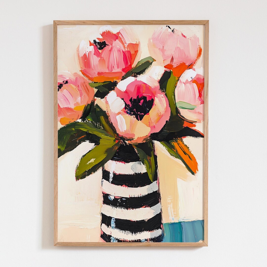 Abstract Pink Peonies Art Print, Bold Floral Wall Decor, Modern Flower ...