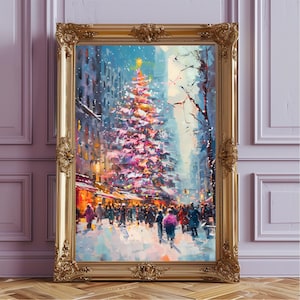 Christmas Tree in City Art Print Poster, Eclectic Colorful Maximalist Christmas Painting Wall Art Decor