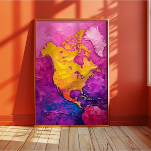 Affiche d'art en acrylique sur la carte de la dopamine de l'Amérique du Nord - déco murale maximaliste colorée