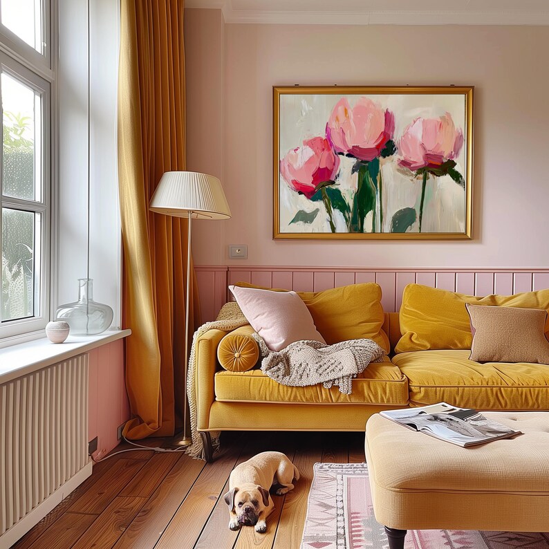 Pink Peony Wall Art Print, Abstract Floral Oil Painting, Neutral Beige ...