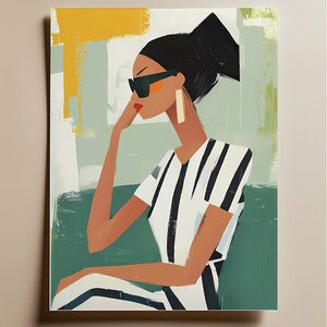 May include: A digital painting of a person wearing sunglasses and a striped shirt, sitting on a green couch. The background is a yellow and green abstract design.