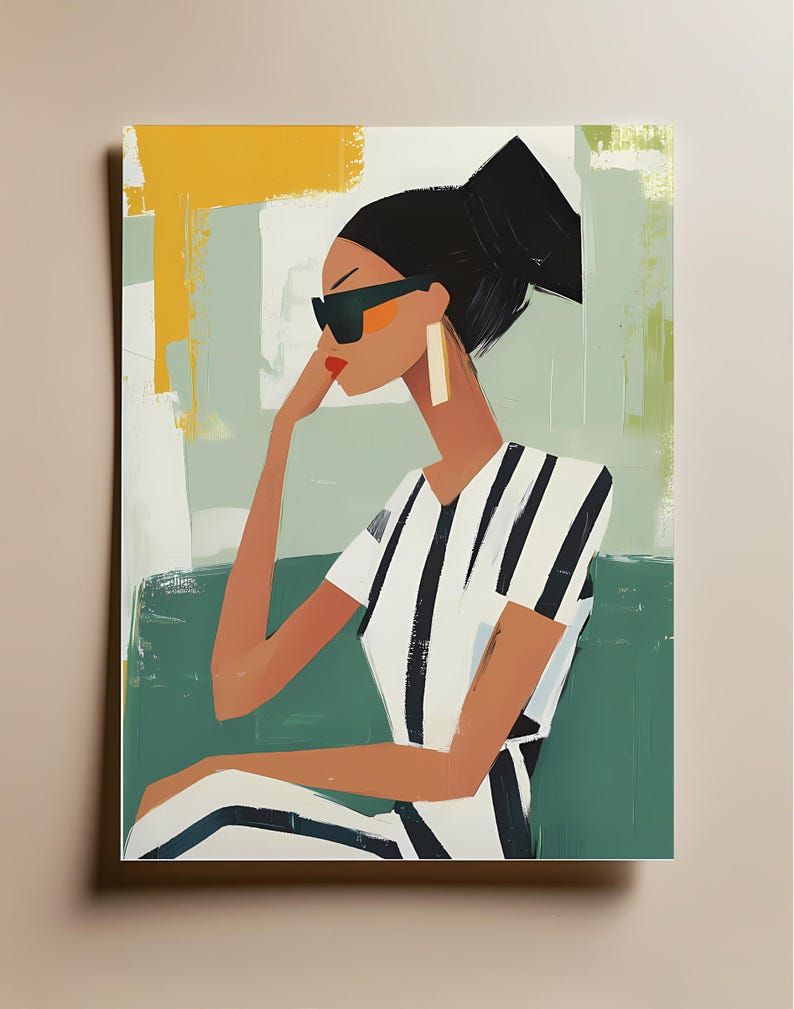 May include: A digital painting of a person wearing sunglasses and a striped shirt, sitting on a green couch. The background is a yellow and green abstract design.