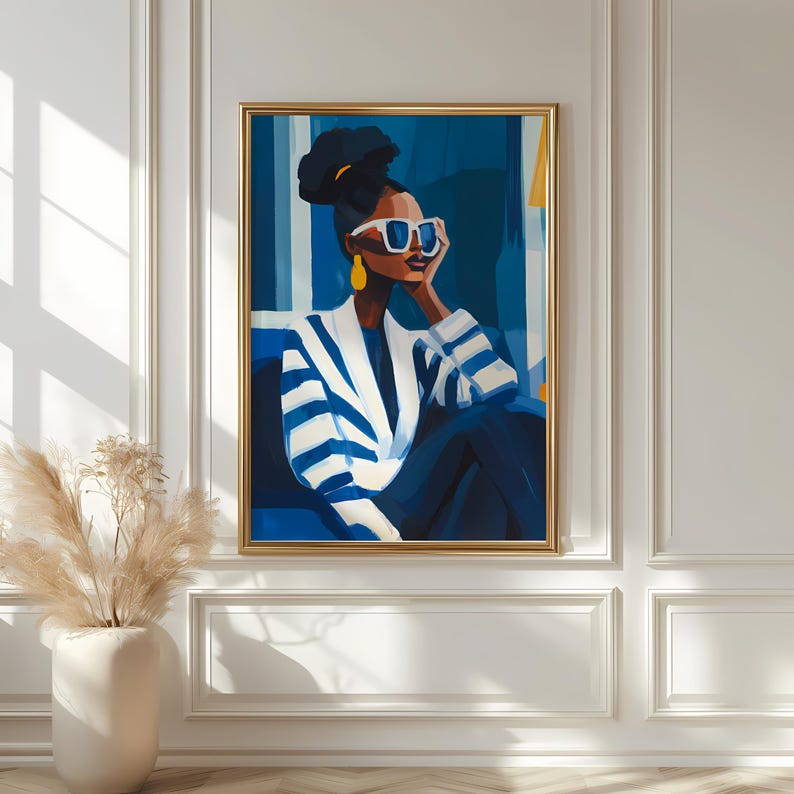 Navy Blue and White Abstract Woman Art Print - Contemporary Wall Decor ...