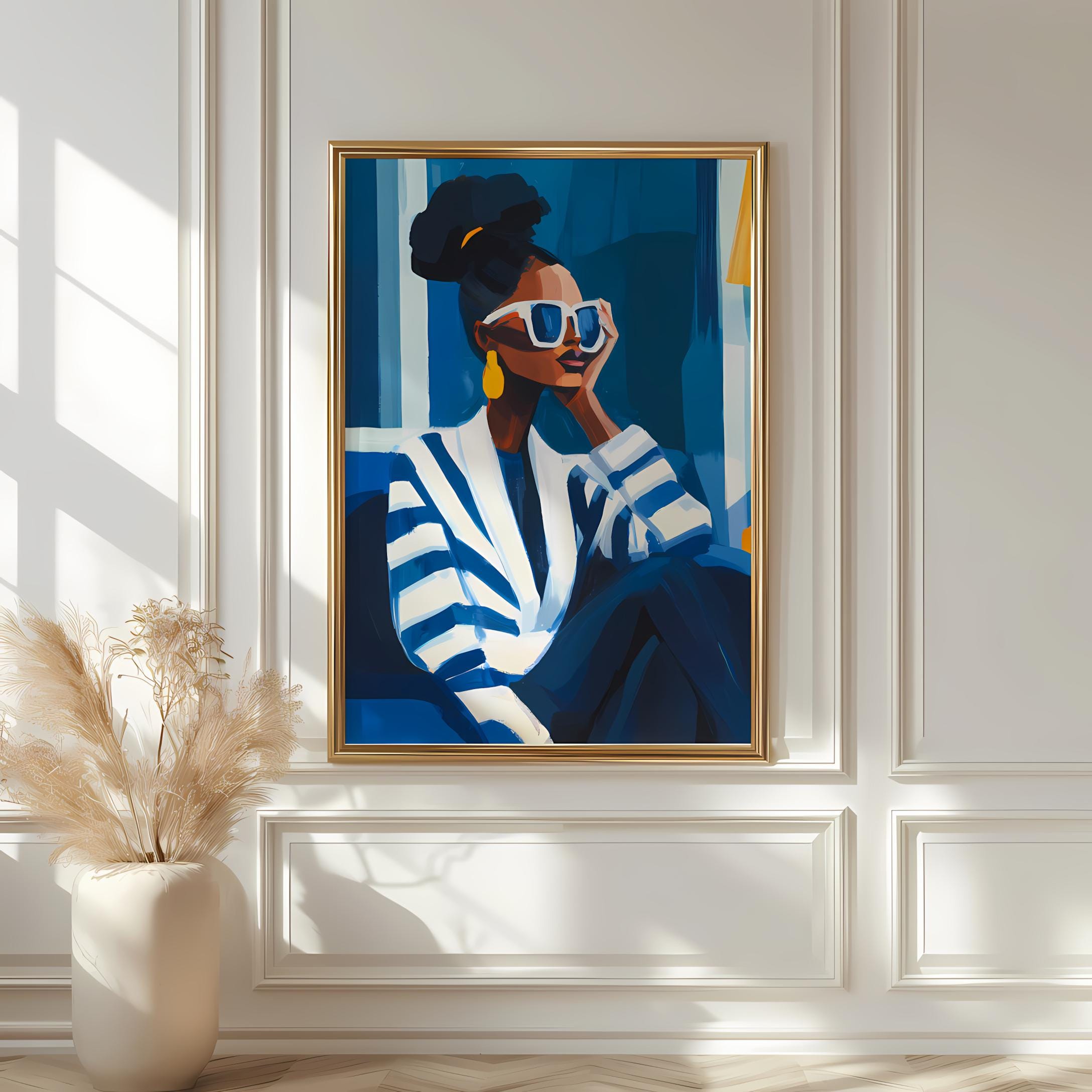 Navy Blue and White Abstract Woman Art Print - Contemporary Wall Decor ...