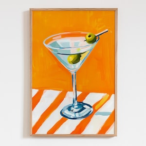 Orange Martini Glaskunst Poster, Bar Wandkunst, Küchendekoration, Restaurant Wanddruck, Acryl Stillleben, gestreiftes Tuch Kunst