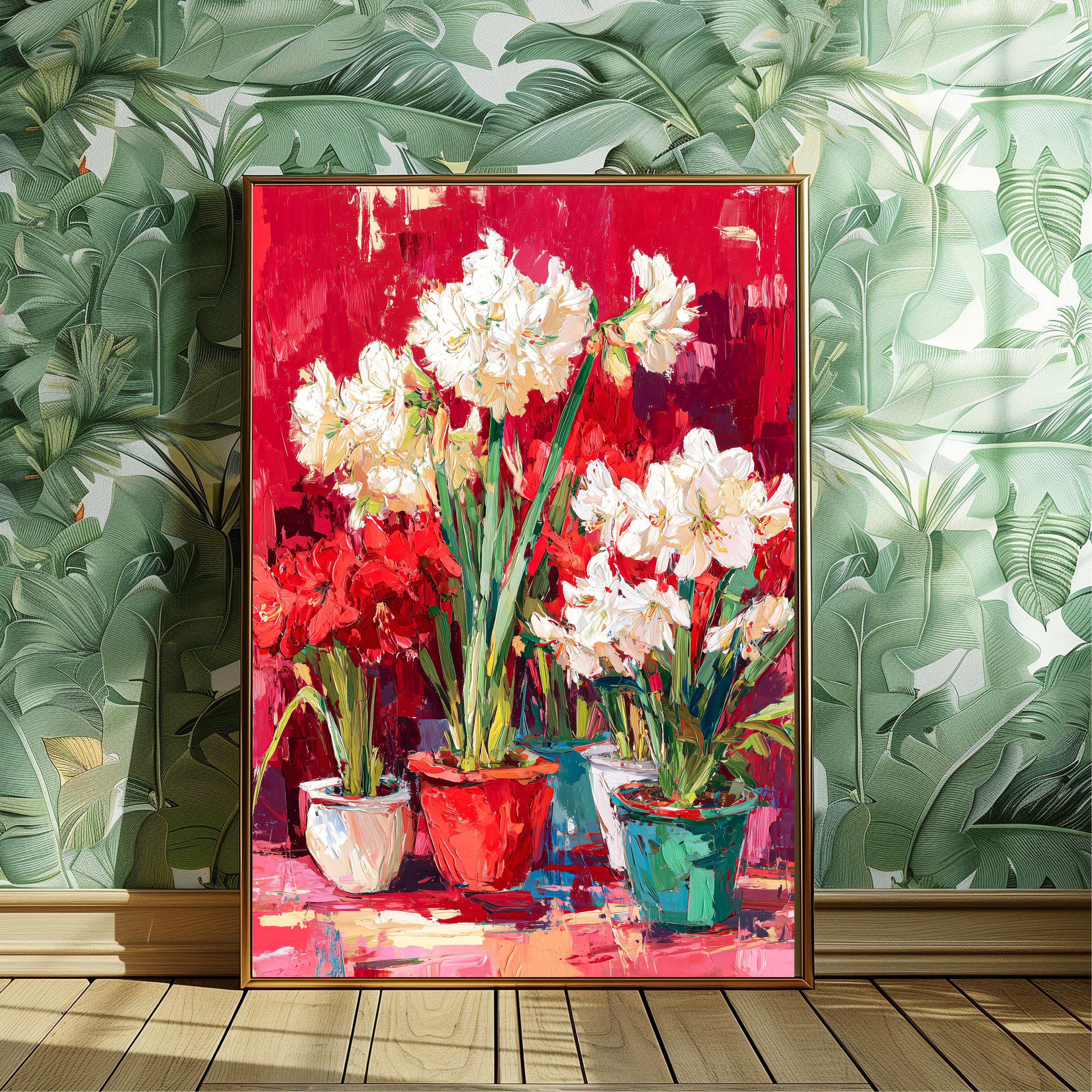 白いアマリリスの花の絵画 赤い背景 | モダンアート マティススタイル
