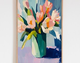 Impresión de pintura al óleo de tulipanes en jarrón, arte mural floral en tonos pastel, tarro verde, estilo Matisse vintage, obra minimalista de flores de verano.