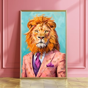 Lion in Suit Art Print, Funky Fashion Wall Decor, Maximalist Funny Animal Art Posters, Eclectic Trendy Wall Art